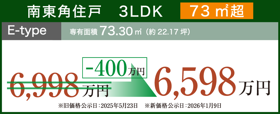 南東角住戸　3LDK　73㎡超 E-type 専有面積73.30㎡（約22.17坪）-400万円 6,598万円
