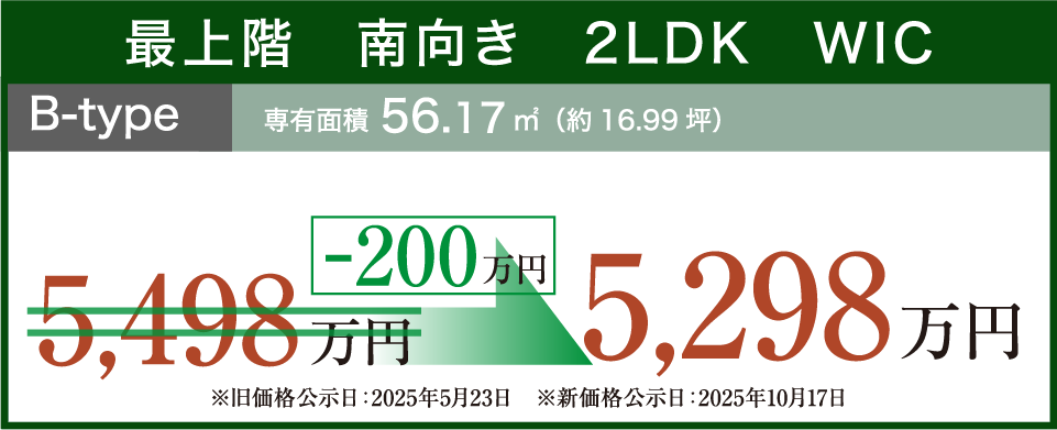 最上階　南向き　2LDK　WIC B-type 専有面積56.17㎡（約16.99坪）-200万円 5,298万円