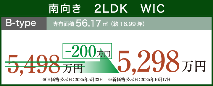 南向き　2LDK　WIC B-type 専有面積56.17㎡（約16.99坪）-200万円 5,298万円