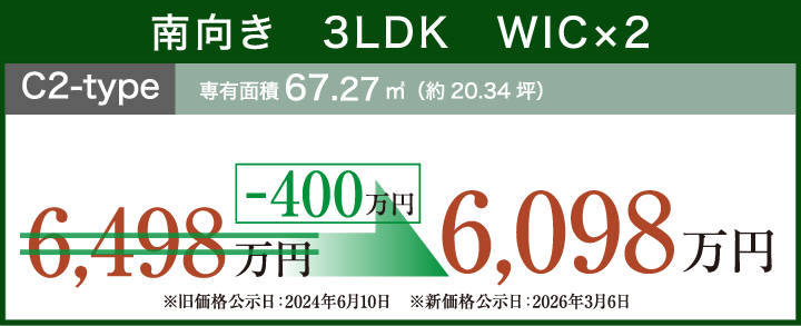 最上階　南向き　3LDK　WIC×2  C2-typ 専有面積67.27㎡（約20.34坪）-400万円 6,098万円