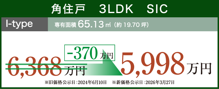 角住戸　3LDK　SIC  I-type専有面積65.13㎡（約19.70坪）-370万円 5,998万円